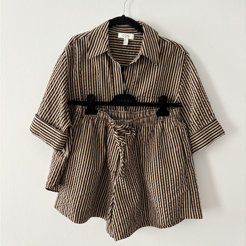 COS Striped Seersucker shirt and shorts set size US 10 new beige green black